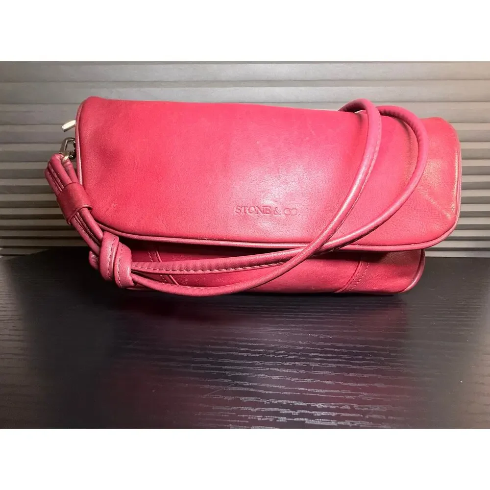 Stone & Co Red Leather Shoulder Bag Flap Purse Knot Strap Medium Y2K Style
